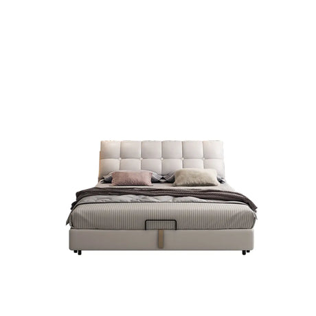 Beige Queen Tufted Leather Panel Bed with Mattress Image - 2