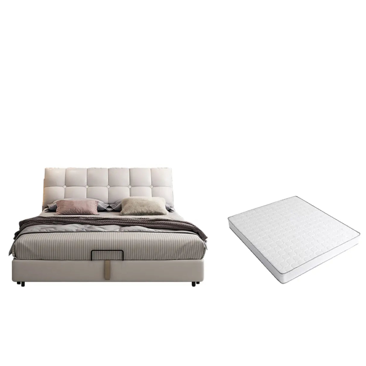 Beige Queen Tufted Leather Panel Bed with Mattress Image - 3