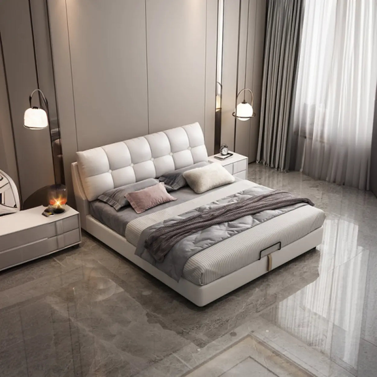 Beige Queen Tufted Leather Panel Bed with Mattress Image - 4