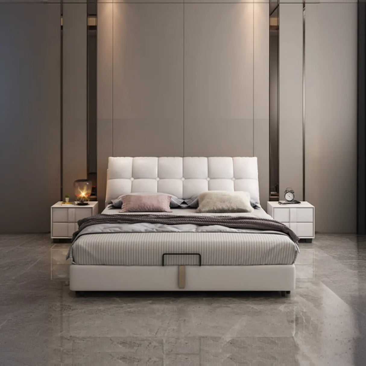 Beige Queen Tufted Leather Panel Bed with Mattress Image - 5