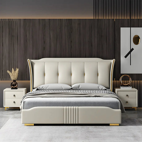 Beige Queen Wingback Upholstered Pine Wood Storage Bed Image - 1