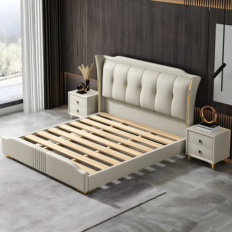 Beige Queen Wingback Upholstered Pine Wood Storage Bed Image - 2