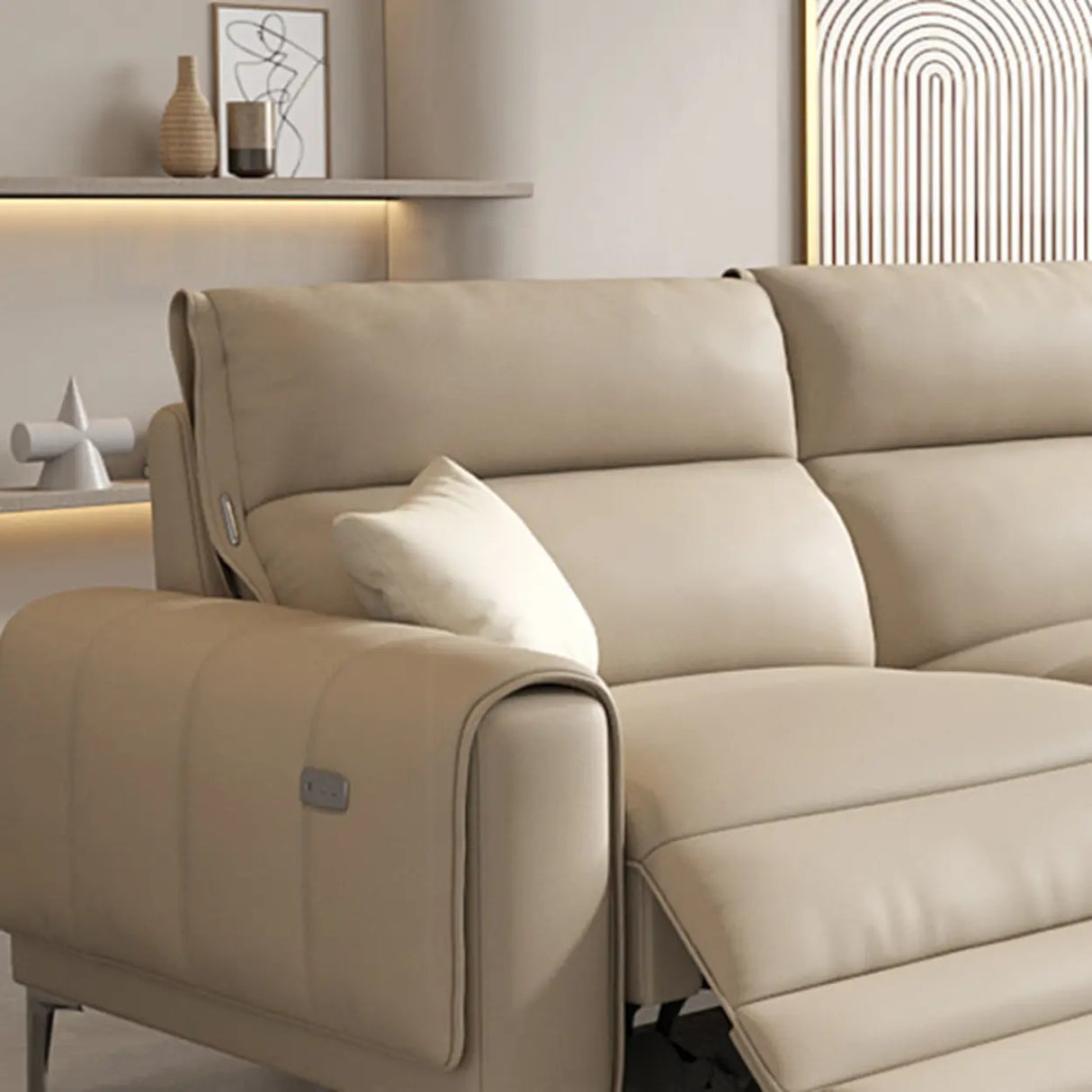 Beige Reclining Genuine Leather Wood Frame Loveseat Image - 2
