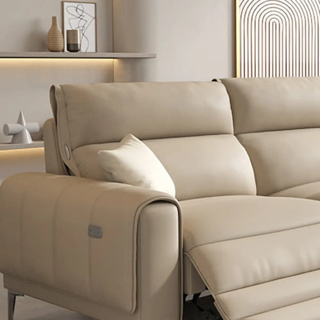 Beige Reclining Genuine Leather Wood Frame Loveseat Image - 2