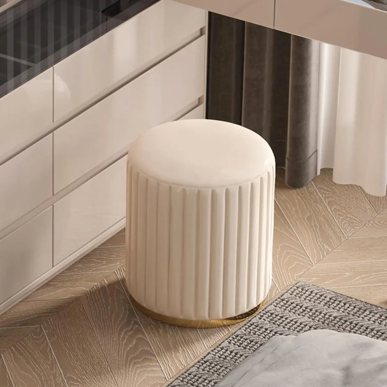 Beige Round Flannel Storage Gold Base Ottoman Seat Image - 1