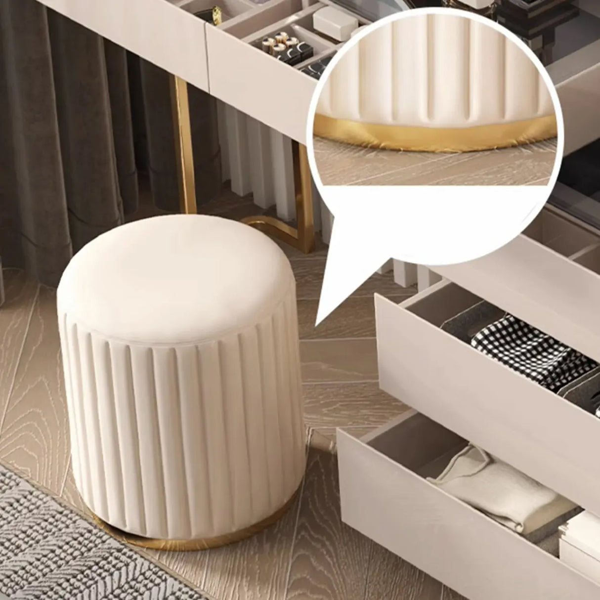 Beige Round Flannel Storage Gold Base Ottoman Seat Image - 12