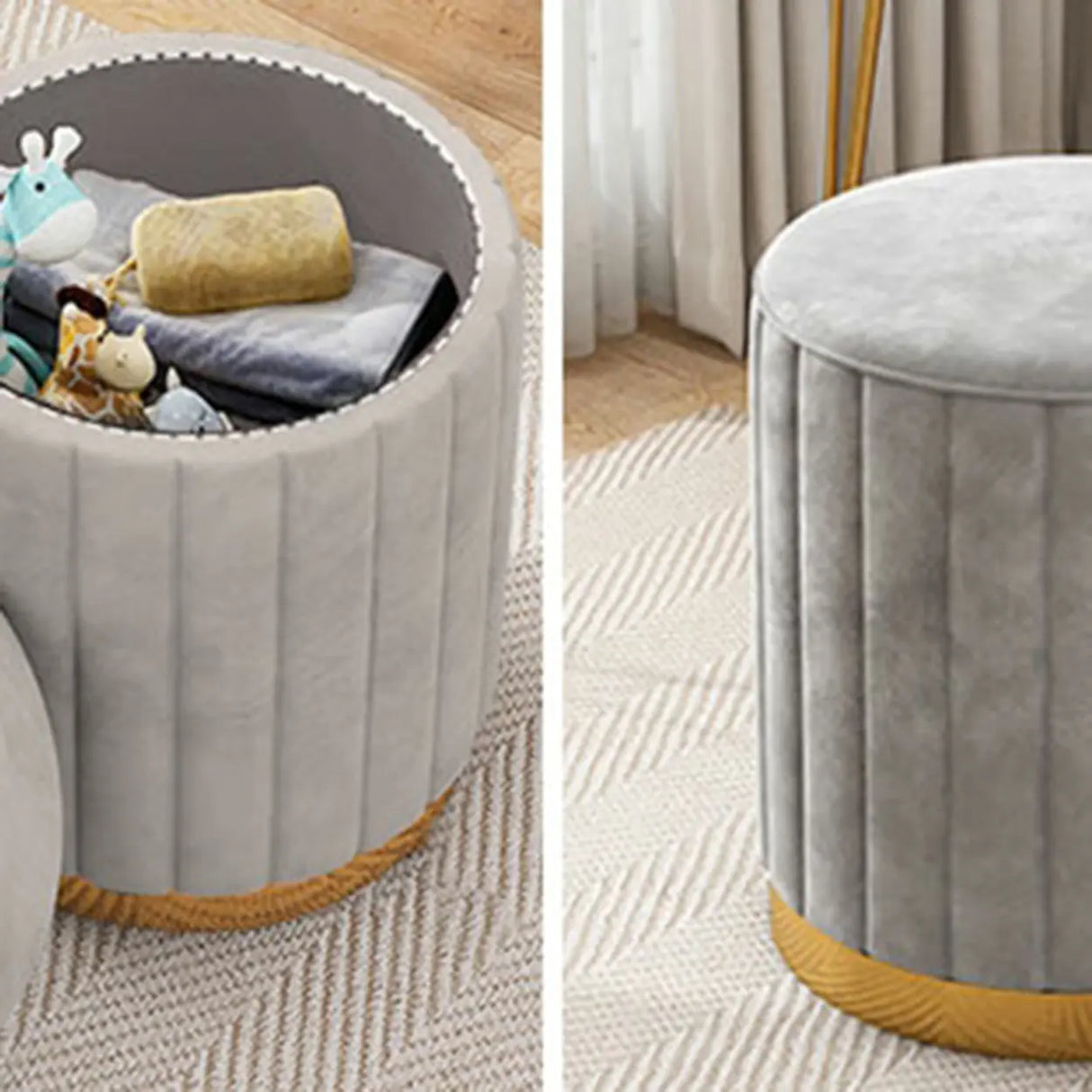 Beige Round Flannel Storage Gold Base Ottoman Seat Image - 13