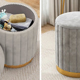 Beige Round Flannel Storage Gold Base Ottoman Seat Image - 13