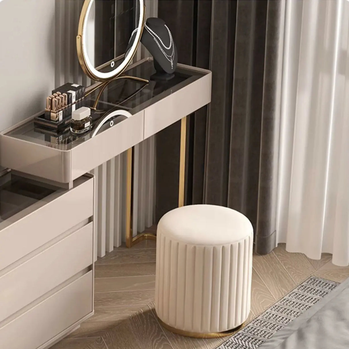 Beige Round Flannel Storage Gold Base Ottoman Seat Image - 14