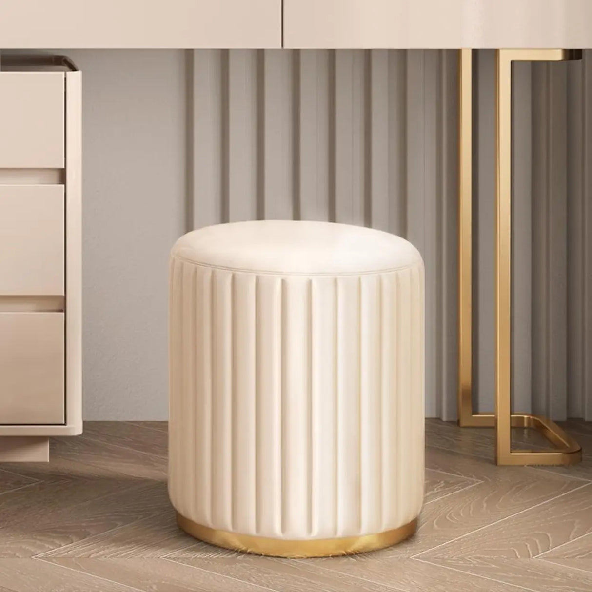 Beige Round Flannel Storage Gold Base Ottoman Seat Image - 4