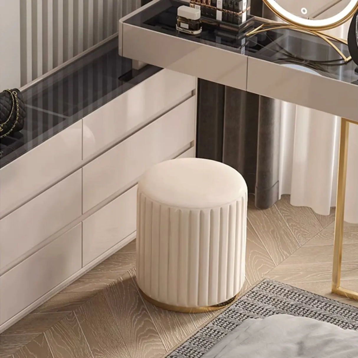 Beige Round Flannel Storage Gold Base Ottoman Seat Image - 8