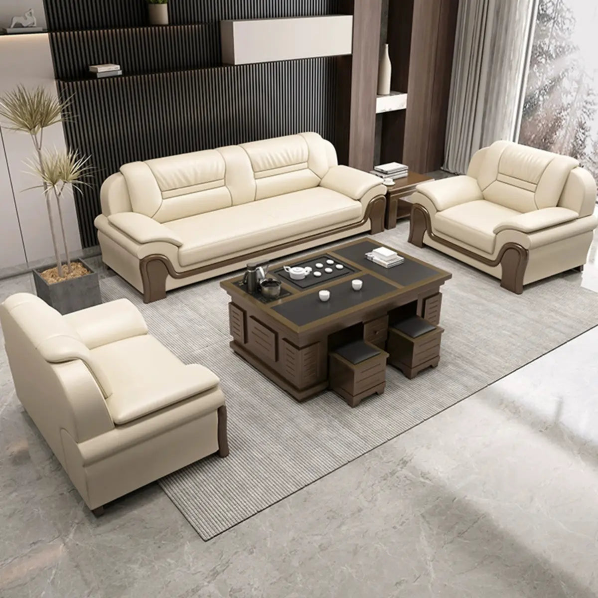 Beige Scratch Resistant Faux Leather Sofa Set with Arms Image - 1