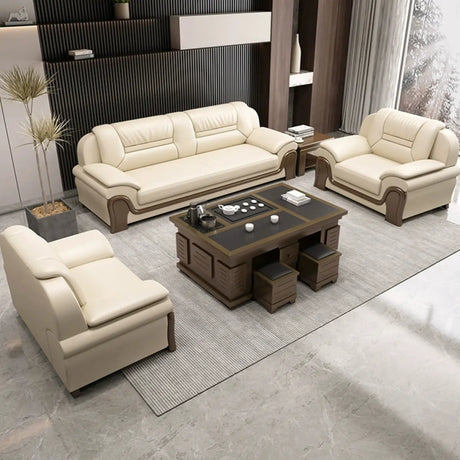 Beige Scratch Resistant Faux Leather Sofa Set with Arms Image - 1