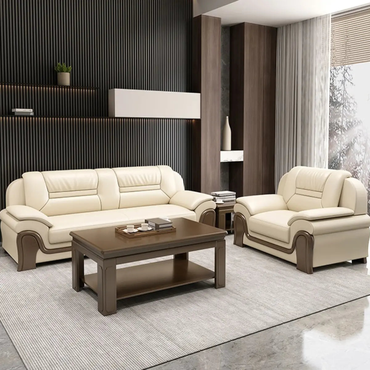 Beige Scratch Resistant Faux Leather Sofa Set with Arms Image - 13