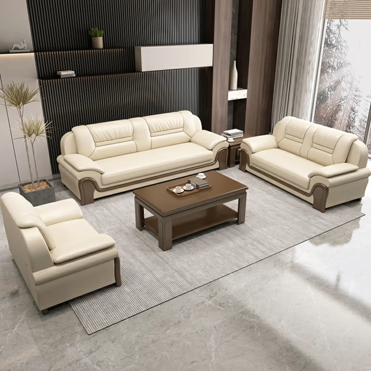 Beige Scratch Resistant Faux Leather Sofa Set with Arms Image - 4