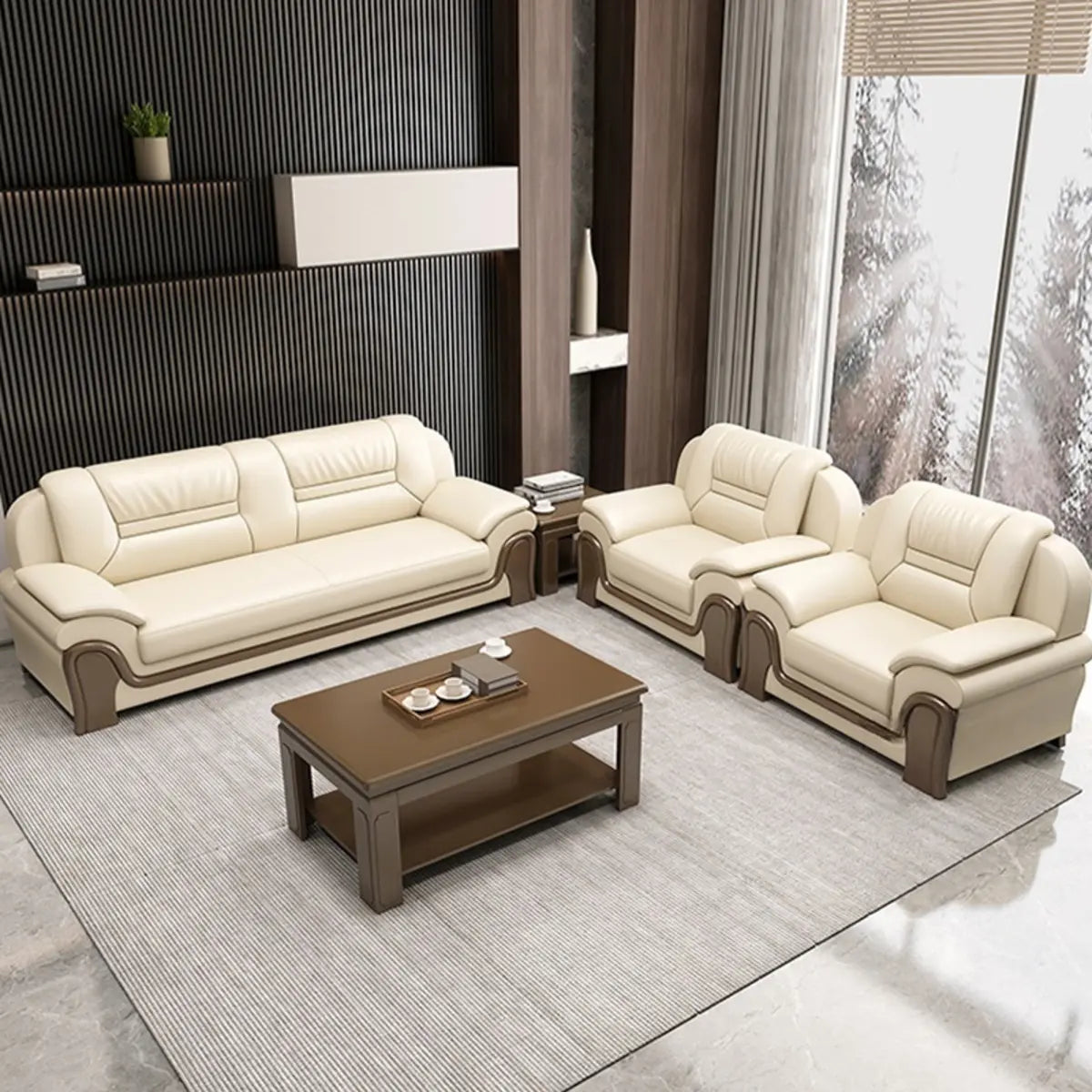 Beige Scratch Resistant Faux Leather Sofa Set with Arms Image - 6