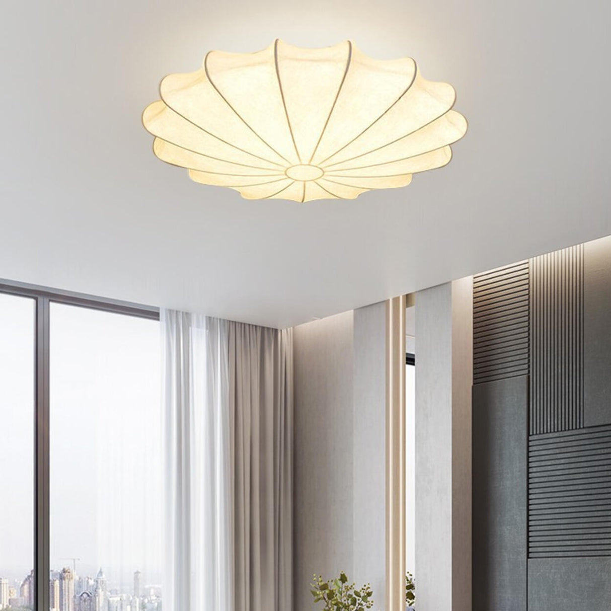 Beige Silk Flower Semi-Flush Mount Light Living Room Image - 4
