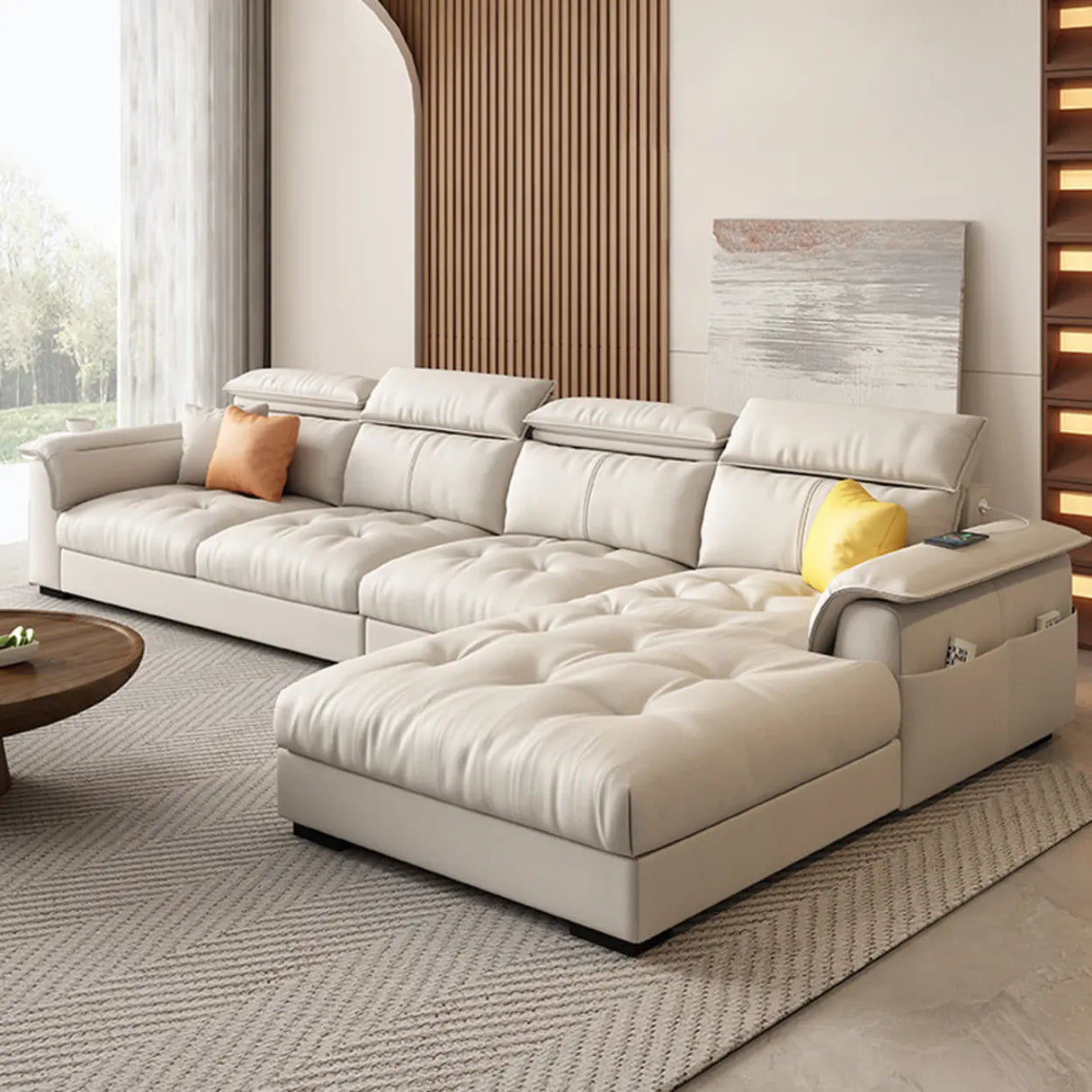 Beige Spacious Comfort L-Shape Leather Storage Sofa Image - 6