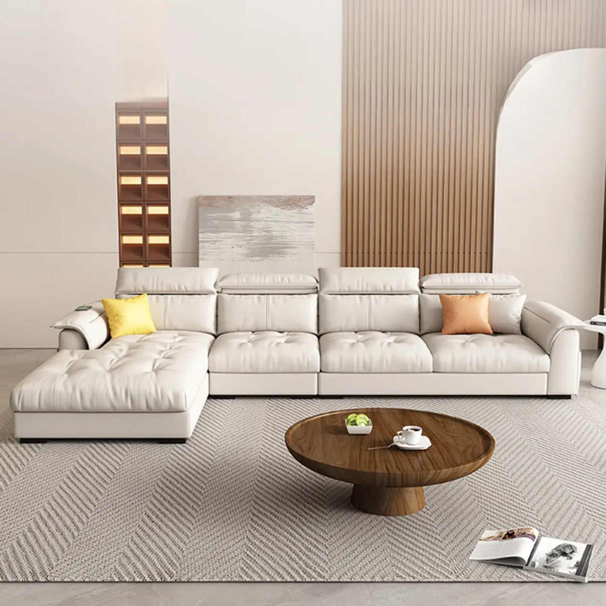 Beige Spacious Comfort L-Shape Leather Storage Sofa Image - 7