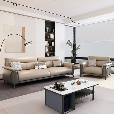 Beige Stain Resistant Faux Leather Biscuit Back Sofa Image - 1