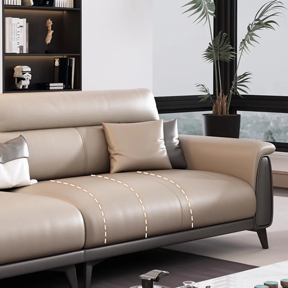Beige Stain Resistant Faux Leather Biscuit Back Sofa Image - 14