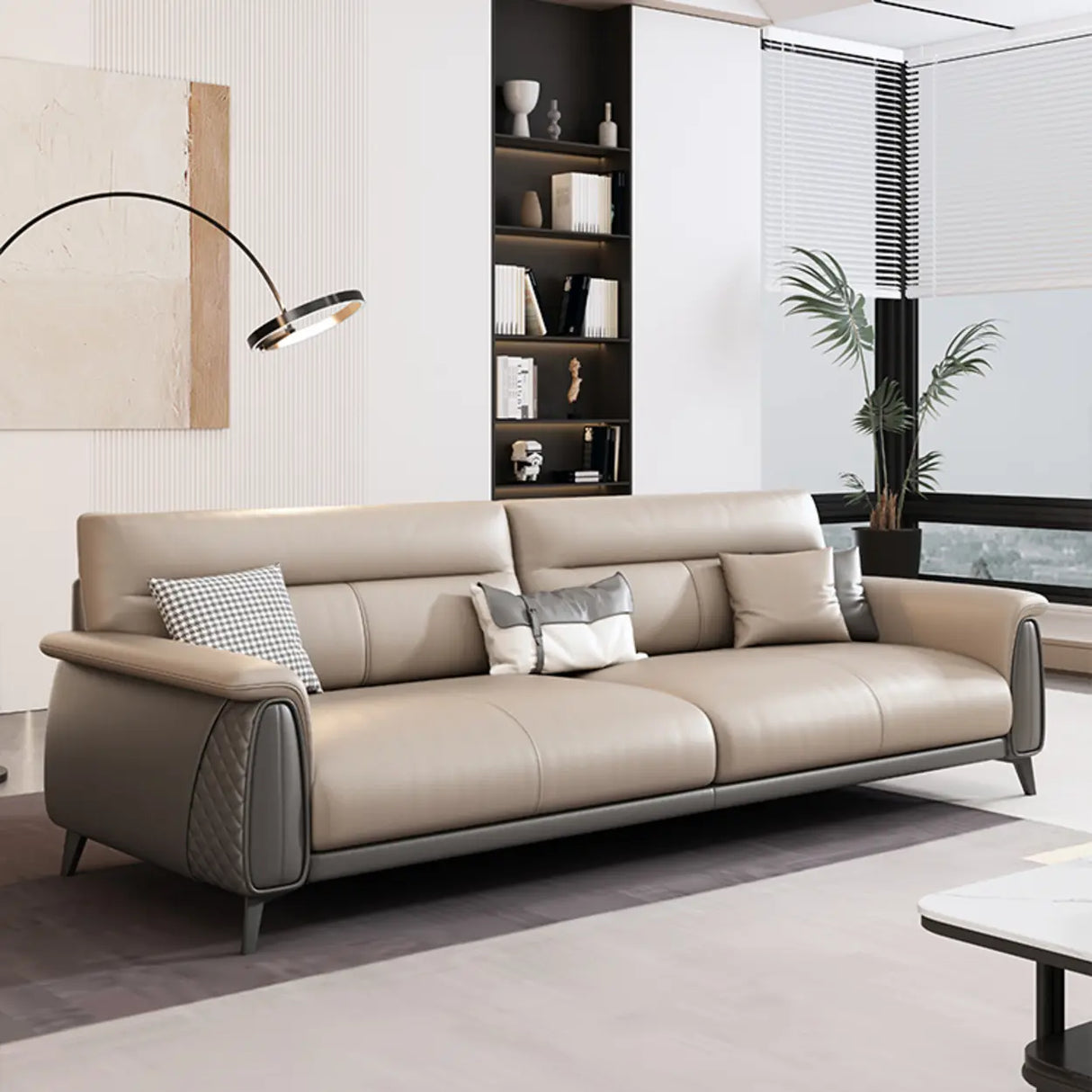 Beige Stain Resistant Faux Leather Biscuit Back Sofa Image - 4