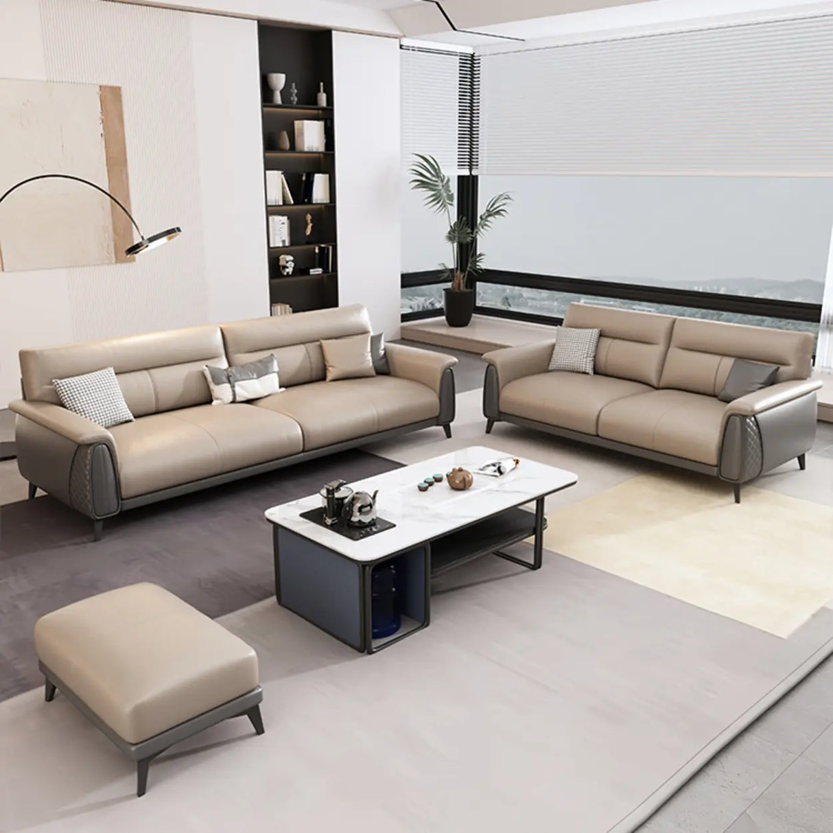 Beige Stain Resistant Faux Leather Biscuit Back Sofa Image - 6