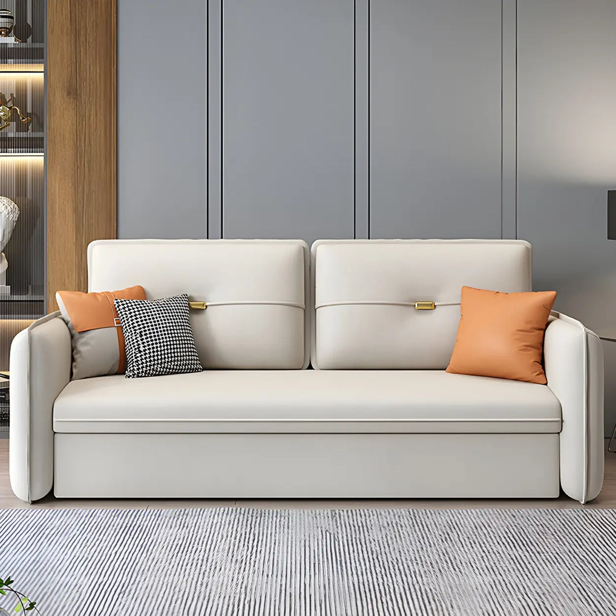 Beige Stain Resistant Faux Leather Square Arm Sofa Bed Image - 1