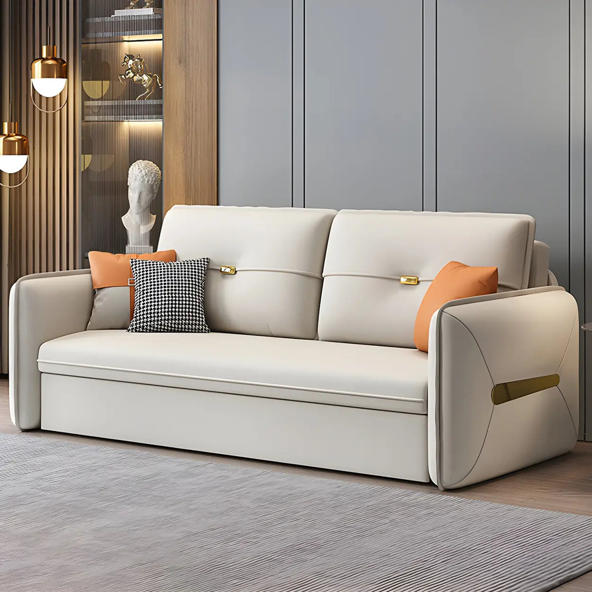 Beige Stain Resistant Faux Leather Square Arm Sofa Bed Image - 2