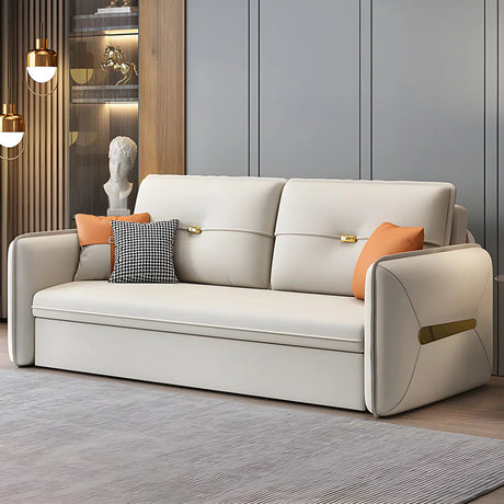 Beige Stain Resistant Faux Leather Square Arm Sofa Bed Image - 2