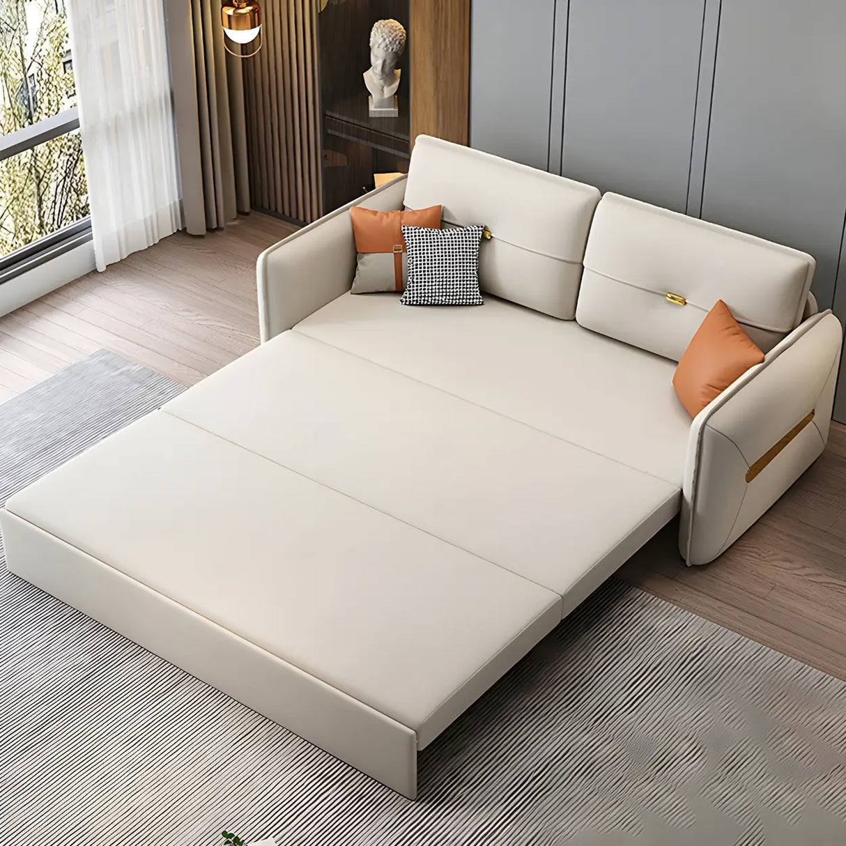 Beige Stain Resistant Faux Leather Square Arm Sofa Bed Image - 4