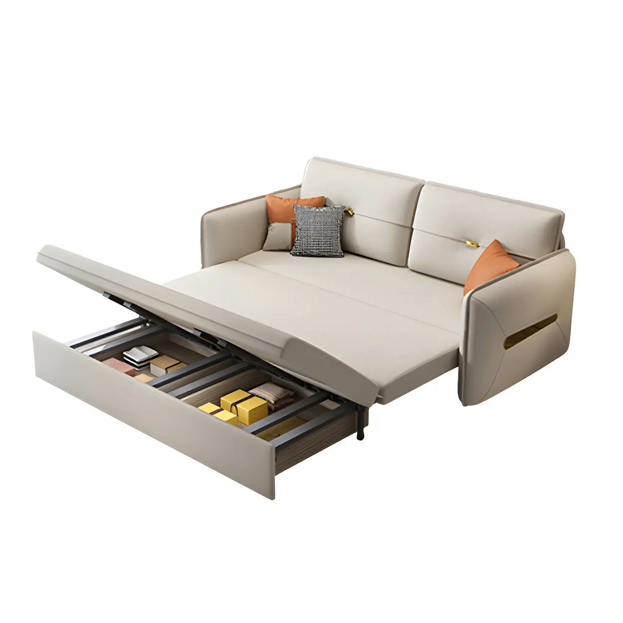 Beige Stain Resistant Faux Leather Square Arm Sofa Bed Image - 12