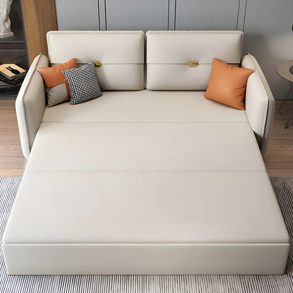 Beige Stain Resistant Faux Leather Square Arm Sofa Bed Image - 13