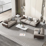 Beige Stain Resistant Leather Flared Arm Wood Leg Sofa Image - 4