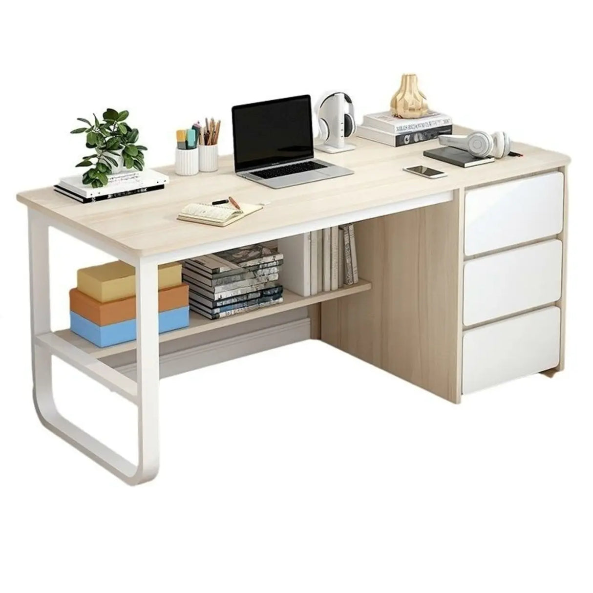 Beige Standard Single Wooden Desk with Drawers Image - 11