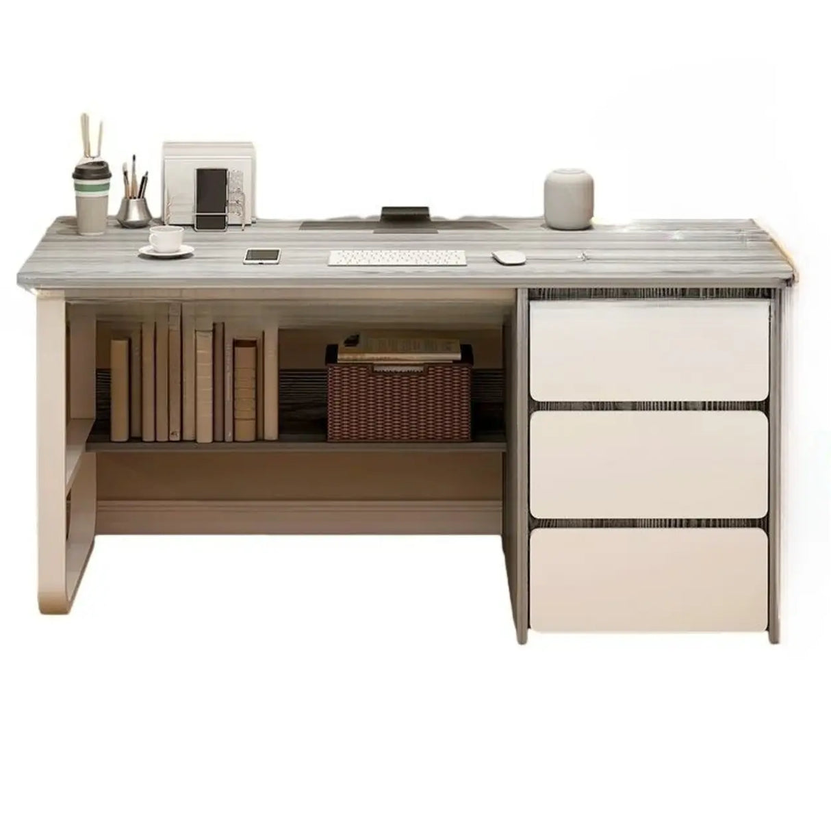 Beige Standard Single Wooden Desk with Drawers Image - 13