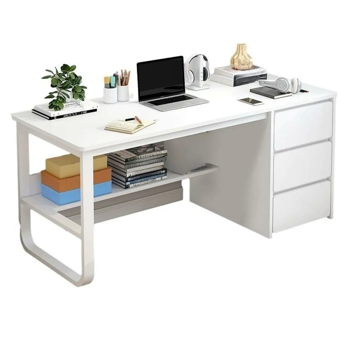 Beige Standard Single Wooden Desk with Drawers Image - 15