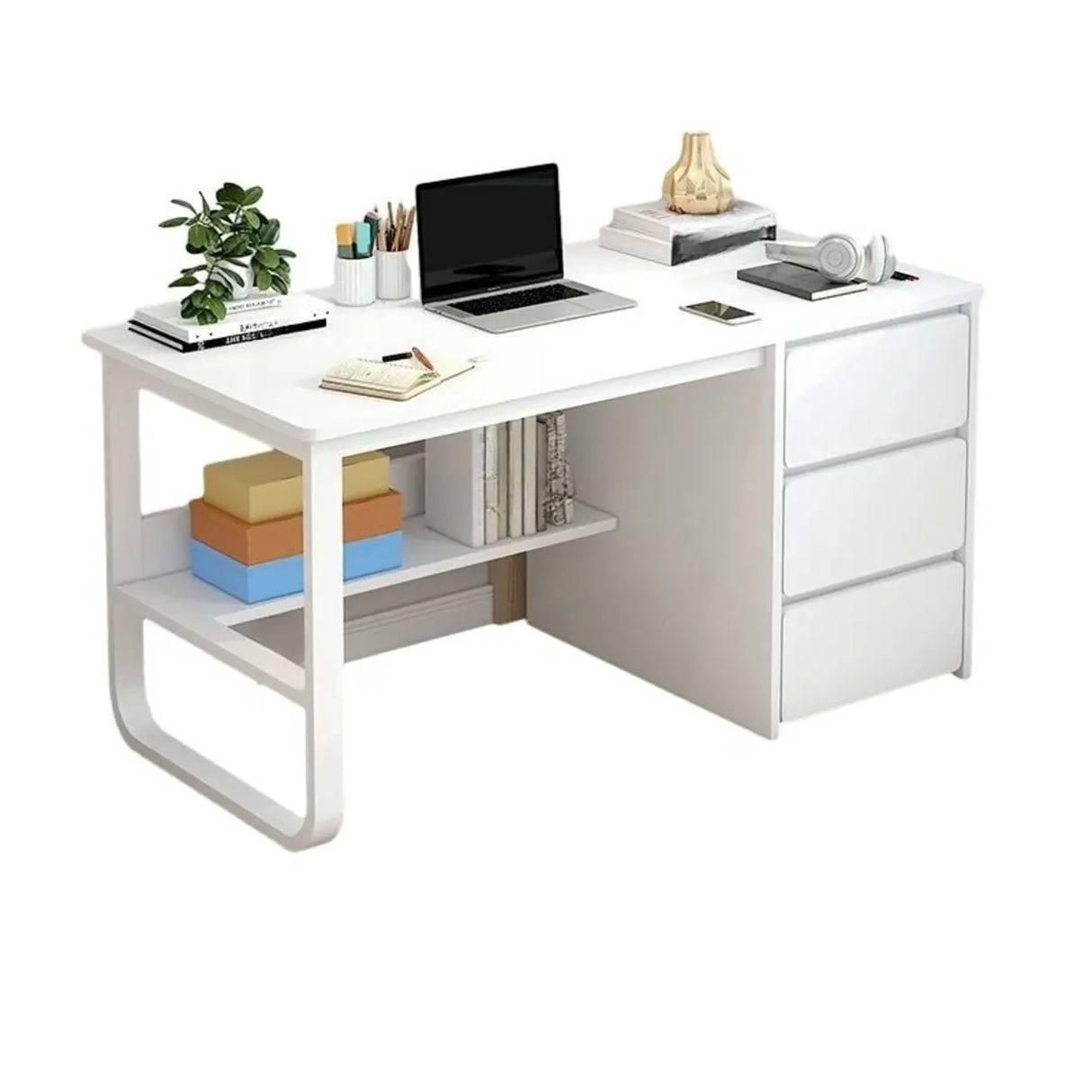 Beige Standard Single Wooden Desk with Drawers Image - 16