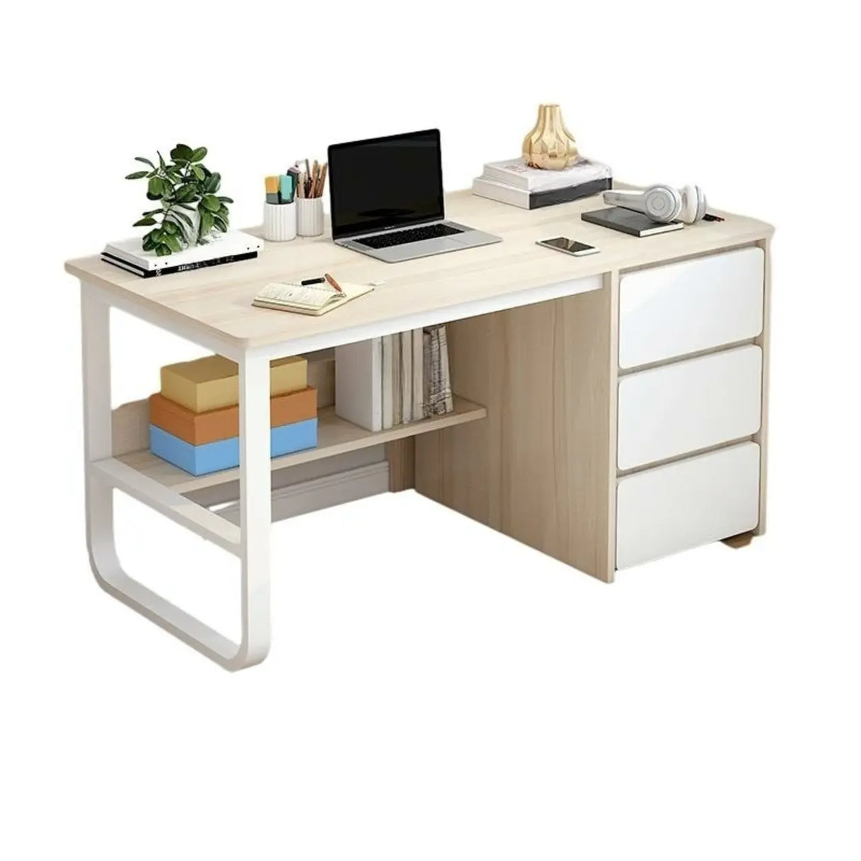 Beige Standard Single Wooden Desk with Drawers Image - 4
