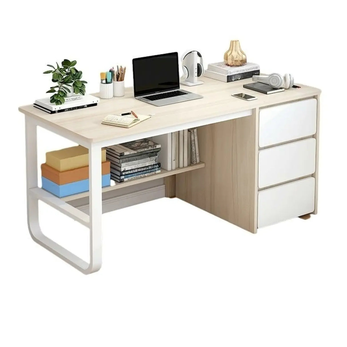 Beige Standard Single Wooden Desk with Drawers Image - 5