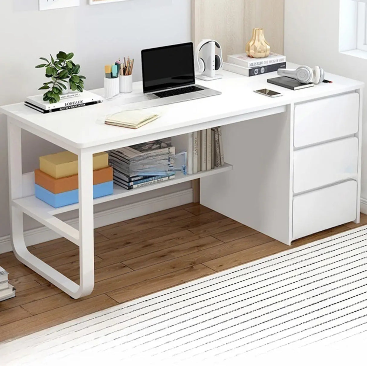 Beige Standard Single Wooden Desk with Drawers Image - 6