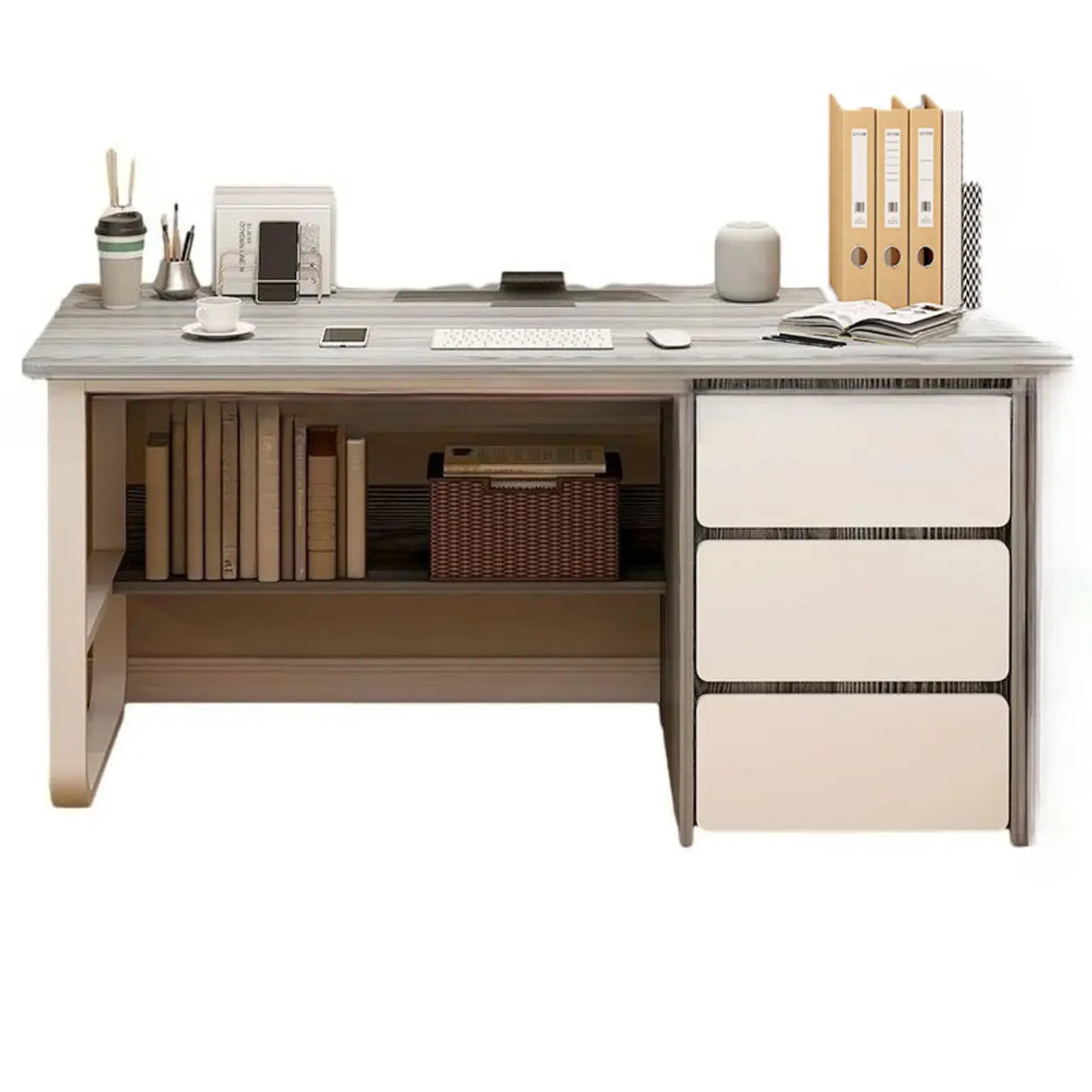 Beige Standard Single Wooden Desk with Drawers Image - 9