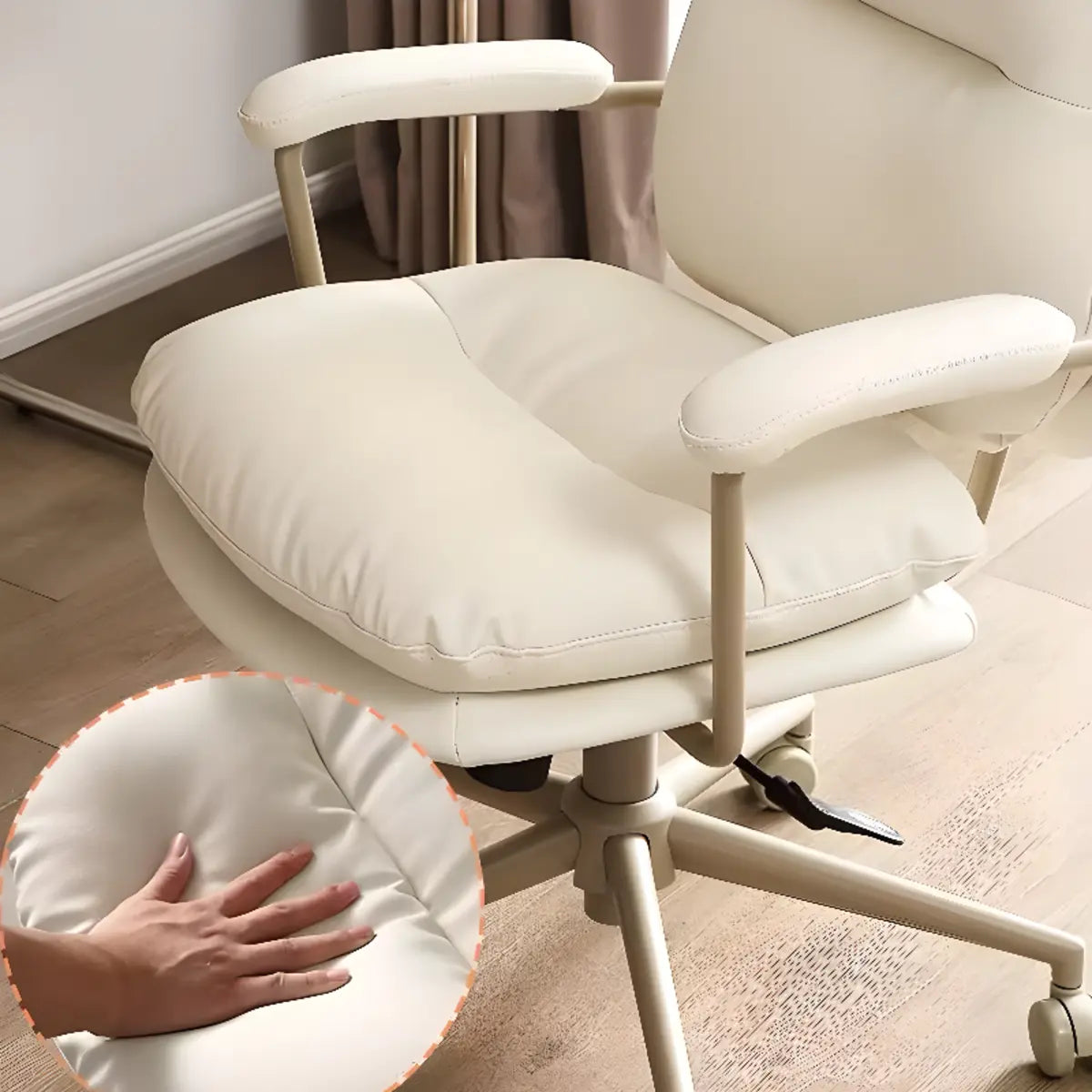 Beige Swivel Ergonomic Leather Office Chair with Wheels Image - 8