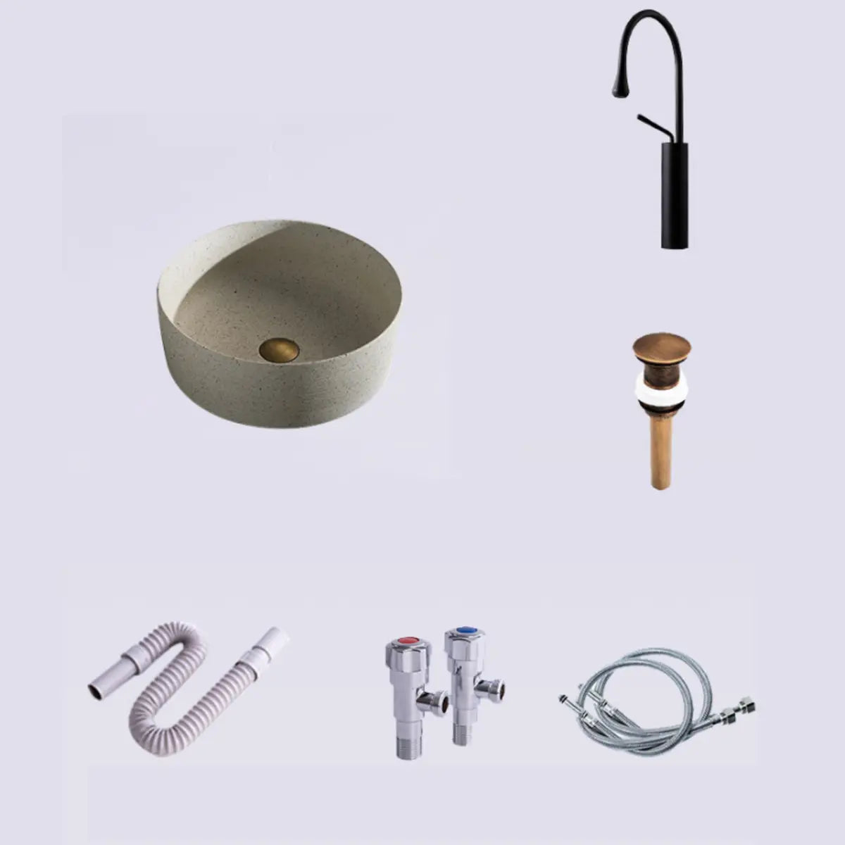 Beige Vitreous China Circular Vessel Sinks with Faucet Image - 3
