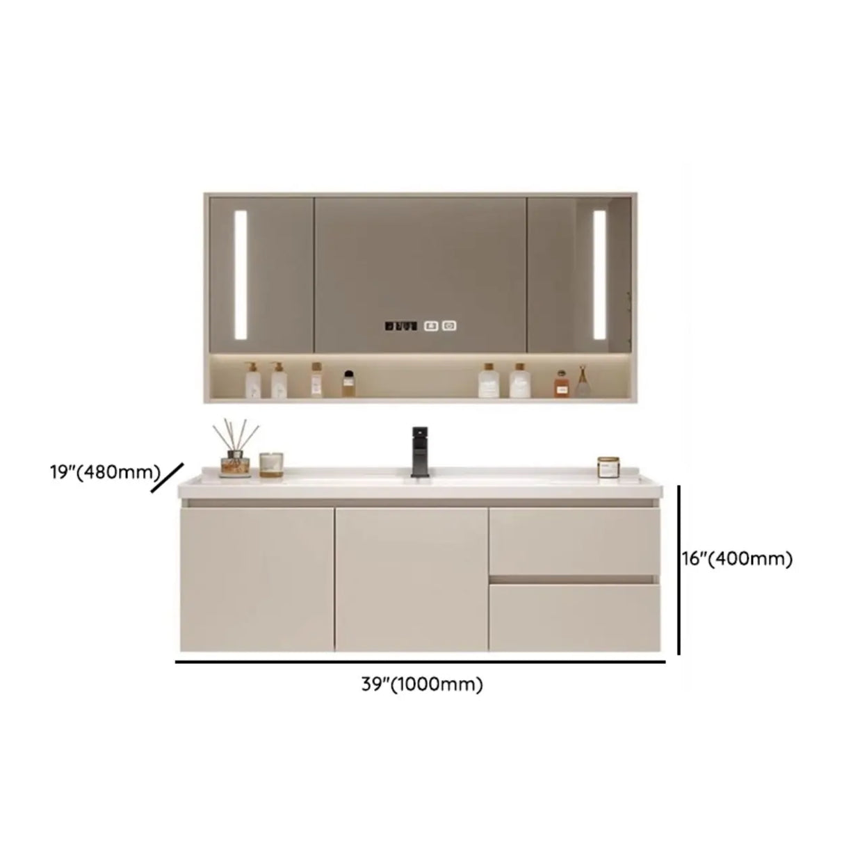 Beige Wall Mounted Sink Storage Bathroom Vanity with Drawers 