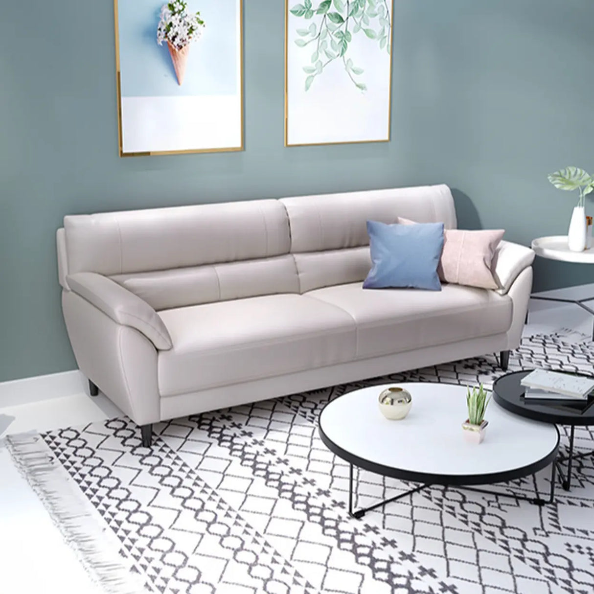 Beige Water Resistant Faux Leather Biscuit Back Sofa Image - 4