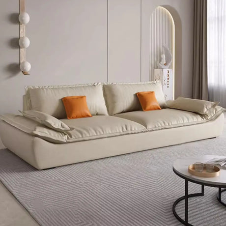 Beige Water Resistant Leather Sofa with Slipcover Image - 2