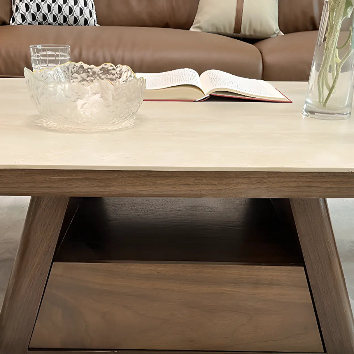 Beige Wood Rectangular Nesting Coffee Table with Drawer Image - 13