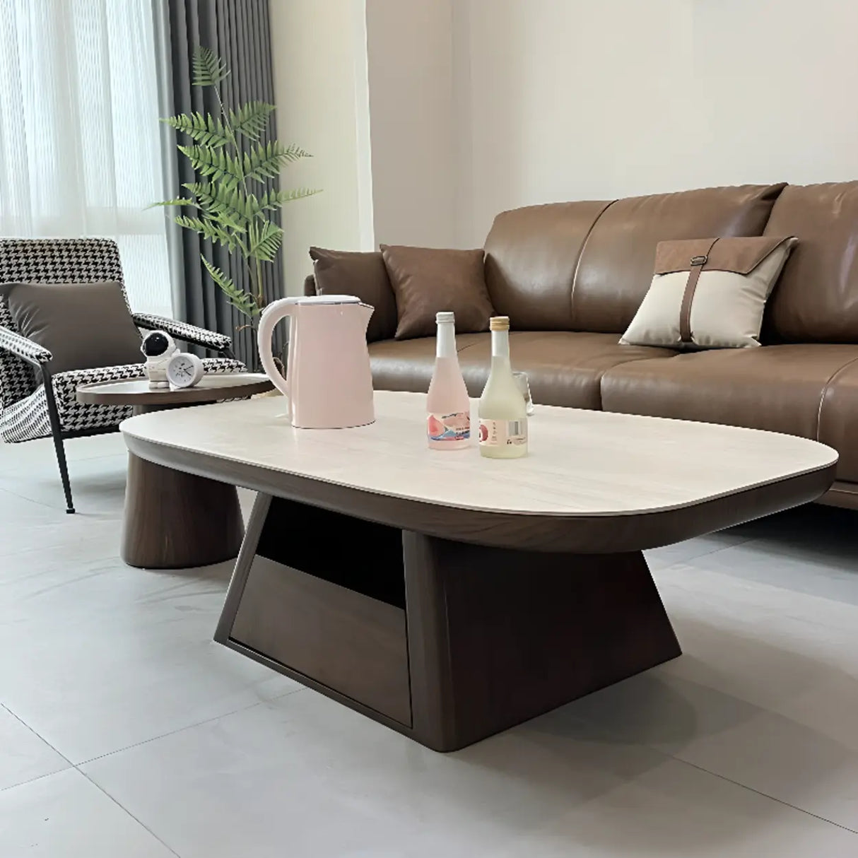 Beige Wood Rectangular Nesting Coffee Table with Drawer Image - 4