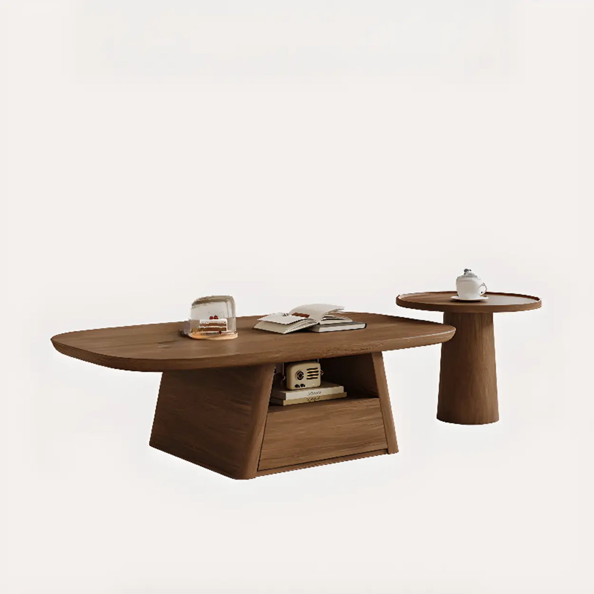 Beige Wood Rectangular Nesting Coffee Table with Drawer Image - 7